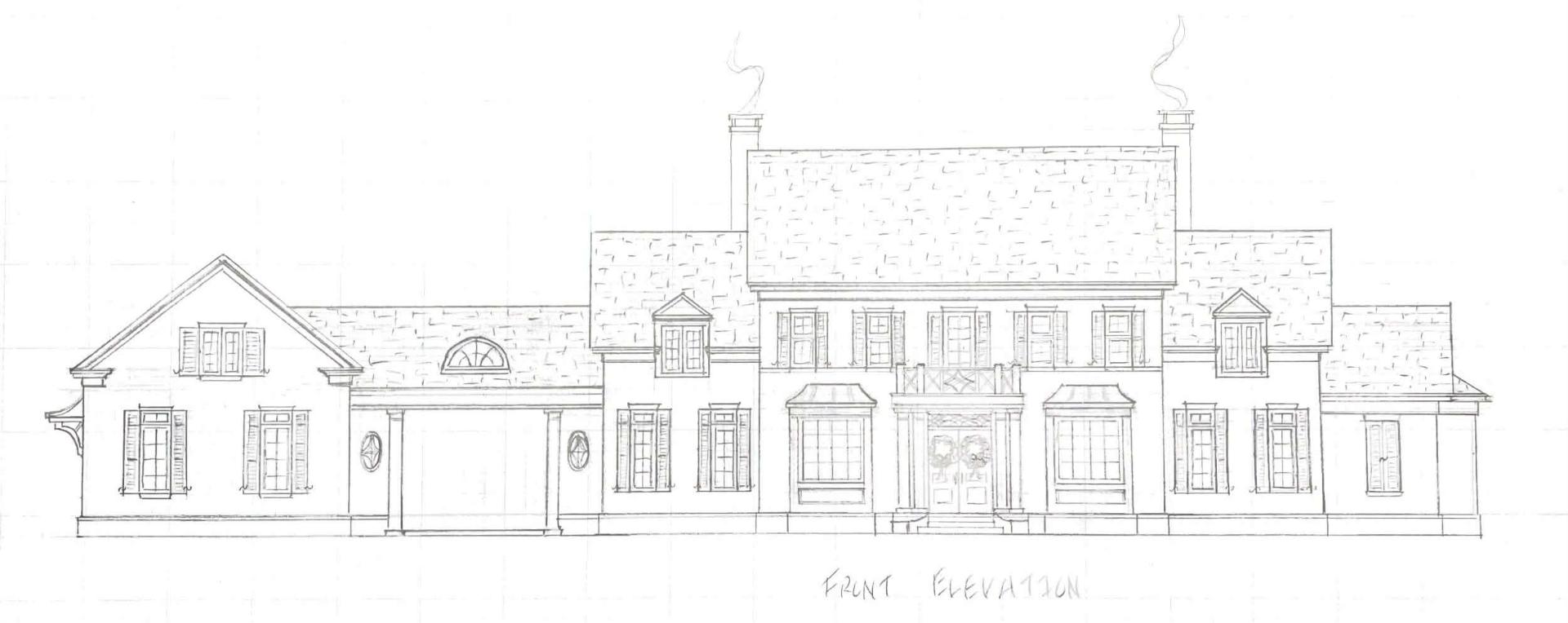 A hand-drawn front elevation by Harriette Sutton
